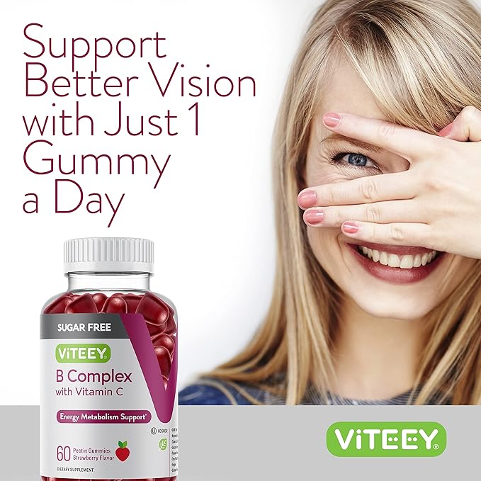 Vitamin B Complex Gummies with Vitamin C, Sugar Free - Energy, Metabolism & Nerve Health - B6, B12, Folic Acid, Biotin - Vegan, Gelatin Free, GMO Free - Tasty Chewable Strawberry Flavored Gummy