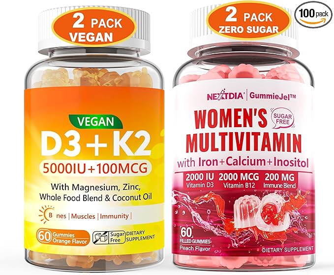 2Pack Vegan Vitamin D3 5000IUK2 Gummies+ 2Pack Methylated Multivitamin for Women Gummies