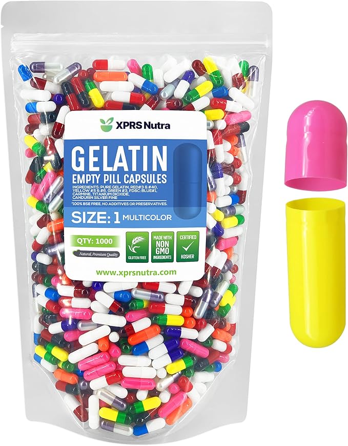 XPRS Nutra Size 1 Empty Capsules - 1000 Count Empty Gelatin Capsules - Pill DIY Capsule Filling - Pure Bovine Pill Gel Caps for Do-It-Yourself Supplements (Multi Color)