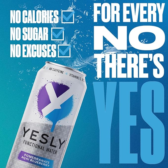 Yesly Functional Water, Pomegranate Acai Blueberry, Naturally Flavored Still Water with Electrolytes, Magnesium, Potassium, Vitamin C, B6 & B12, Zero Sugar, No Artificial Sweeteners, 16 Fl Oz Cans, 12 Pack
