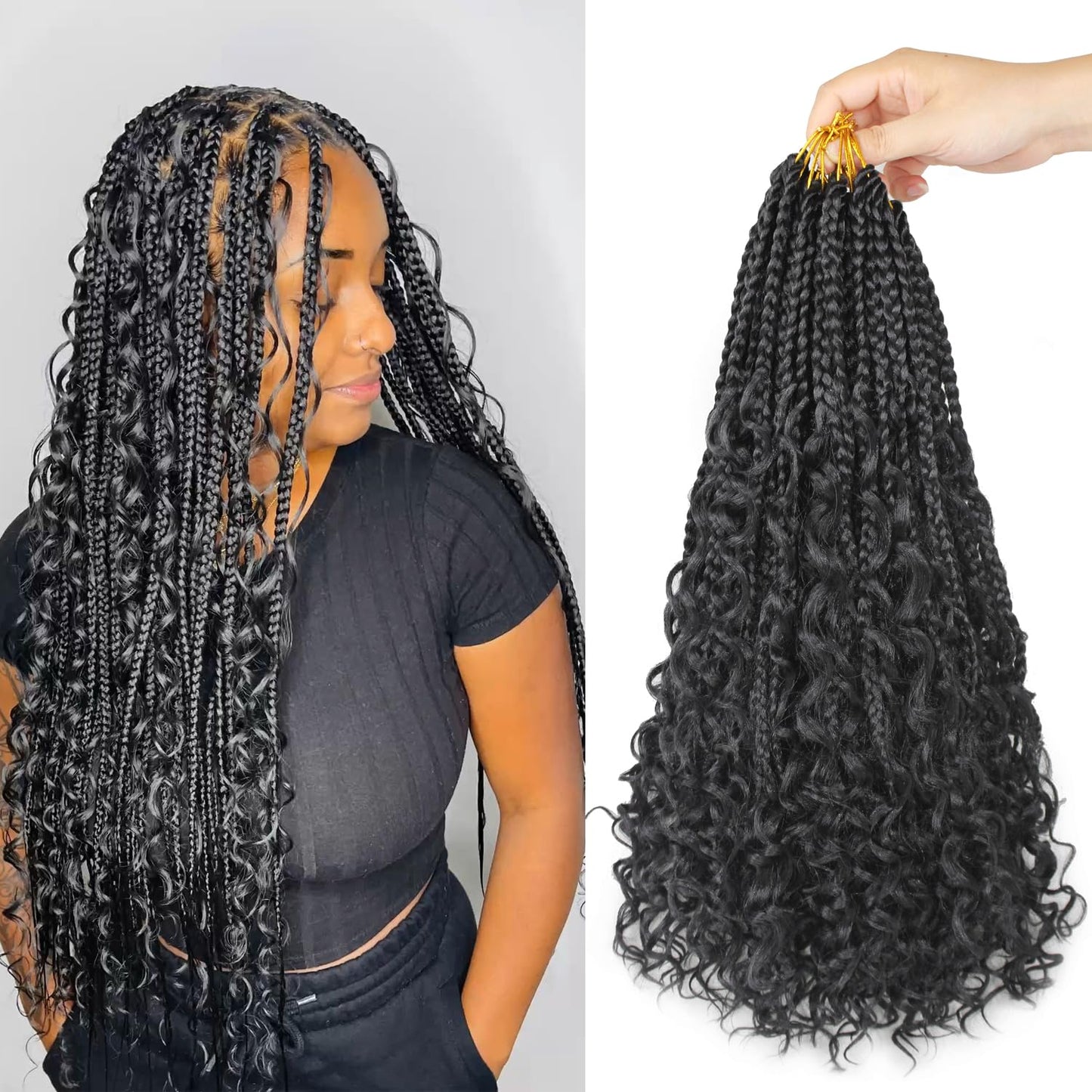 9 Pack Boho Braids Crochet Hair - 24 Inch Pre-looped Goddess Box Braids Crochet Hair Bohemian Crochet Boho Box Braids Crochet Braids With Curly Ends Synthetic Crochet Hair for Women(24 Inch,1B)