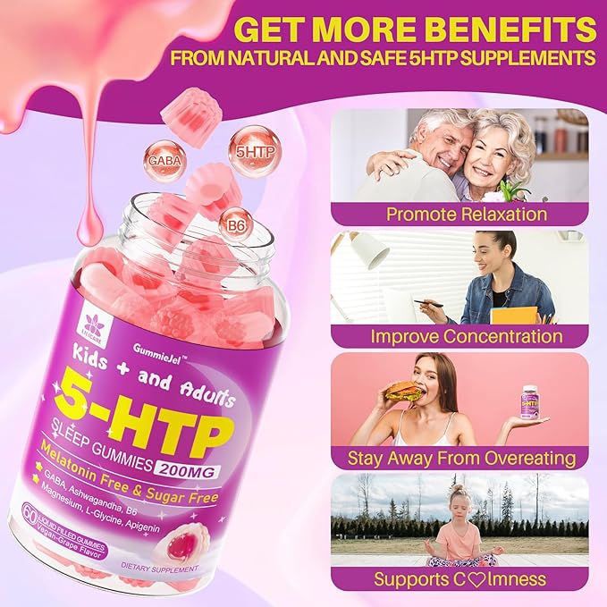 Ginger Chews Supplement Gummies for Nausea, Stomach Relief & 5HTP Gummies for Adults & Kids 8+ with GABA + Magnesium Glycinate