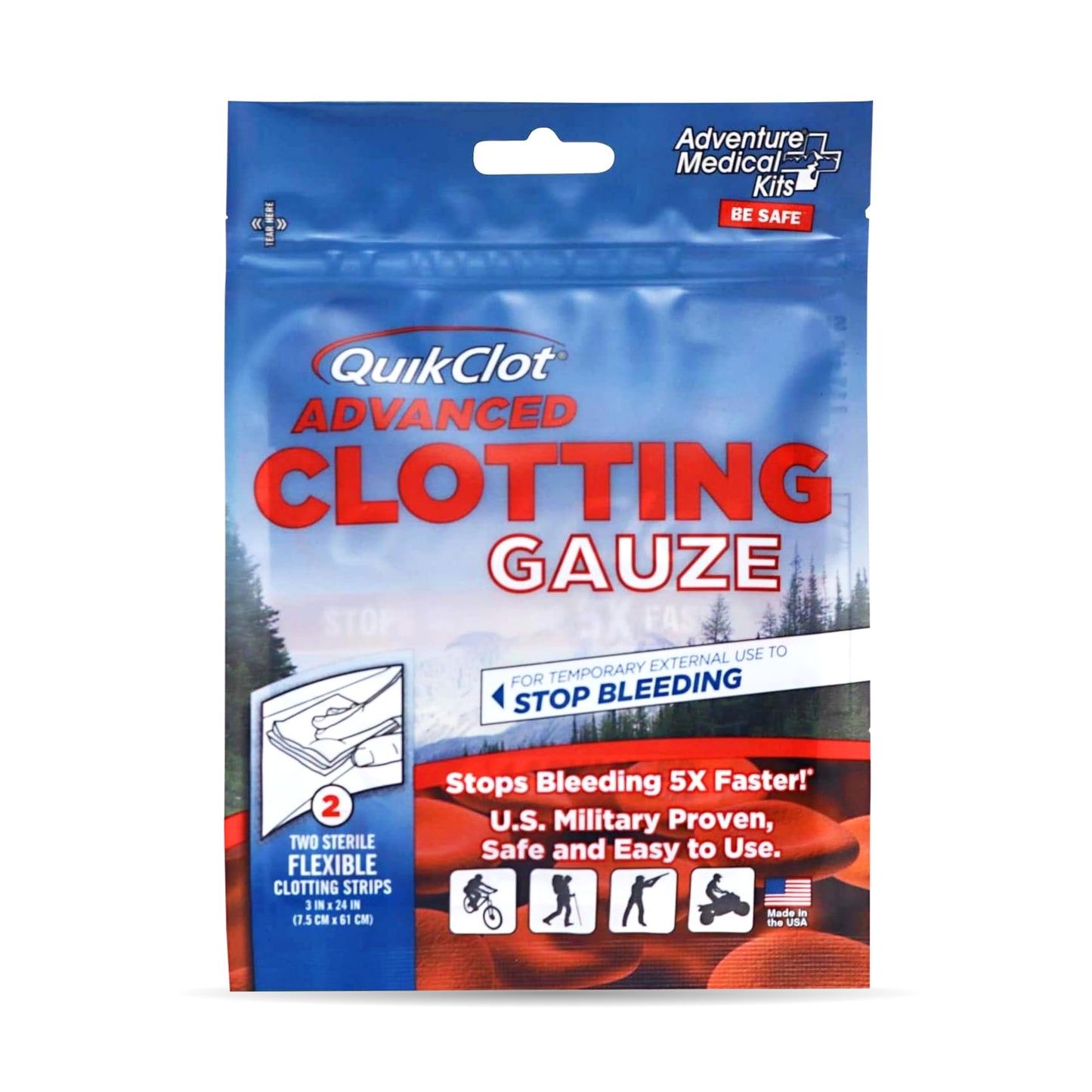Adventure Medical Kits QuikClot Gauze - Gauze for Emergency Survival Kit, Doomsday Prepping Supplies & More - Stops Bleeding Fast with Kaolin - Flexible Hemostatic Medical Gauze - 3" x 24" (2 Strips)