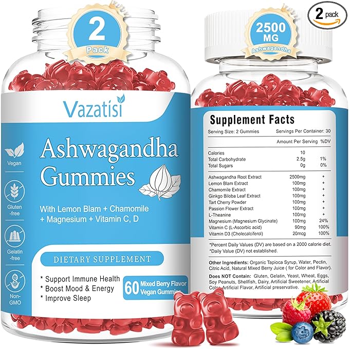 2 Pack Ashwagandha Gummies for Women Men, Sugar Free Organic Ashwagandha Gummies Supplement for Relax Restore Balance, Vegan Gluten Free, 120 Count