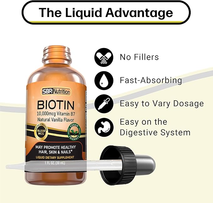 MAX Absorption Biotin Liquid Drops, 10000mcg of Biotin Per Serving, 60 Serving, No Artificial Preservatives, Vegan Friendly, Supports Healthy Hair Growth, Strong Nails and Glowing Skin, Made in USA
