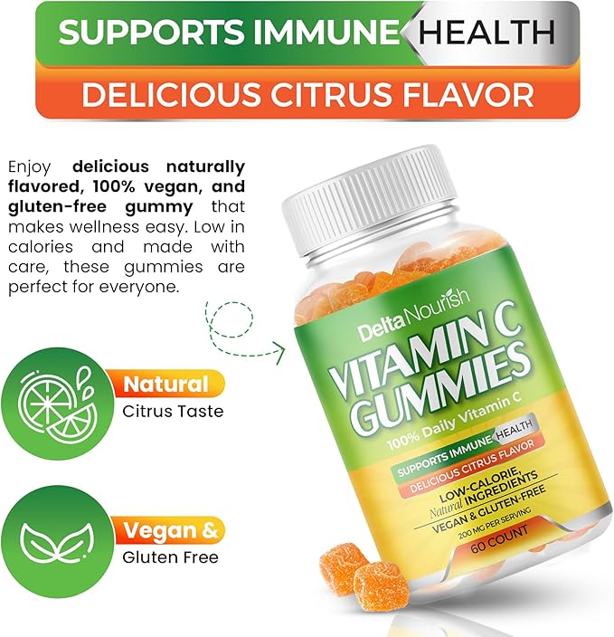 Vitamin C Gummies - Immune Support Supplement - 200mg Vitamin C Per Serving - Non-GMO, Gluten-Free, Natural Citrus Flavor - Antioxidant Support - 60 Gummies (5)