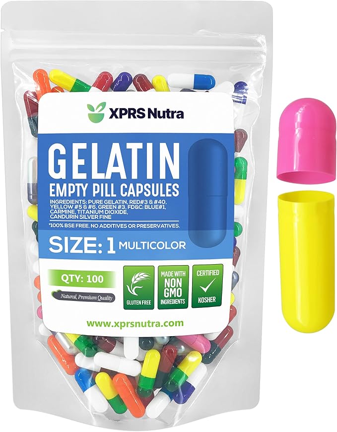 XPRS Nutra Size 1 Empty Capsules - 100 Count Empty Gelatin Capsules - Empty Pill Capsules for DIY Capsule Filling - Pure Bovine Pill Capsules Empty Gel Caps (Multi Color)