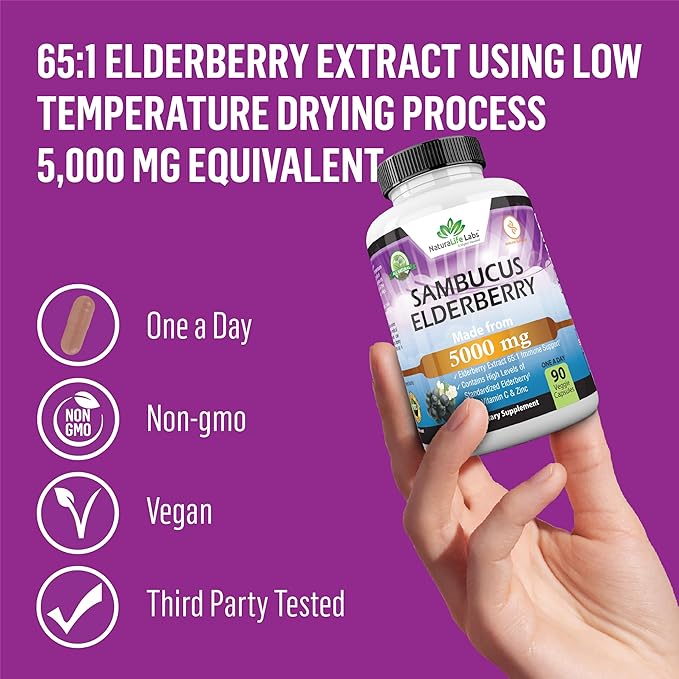 NaturaLife Labs Sambucus Elderberry 5,000 mg Super Concentrated 65:1 with Vitamin C & Zinc - 90 Day Supply - Sambucus Extract Immune Support, Immune Defense| Non-GMO | 90 Veggie Capsules