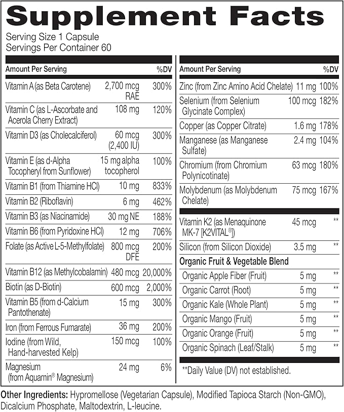 NATURELO Bariatric Multivitamin - One Daily with Iron - Supplement for Post Gastric Bypass Surgery Patients - Natural Whole Food Nutrition - 60 Veggie Capsules