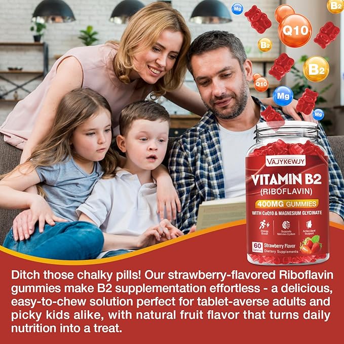 Vitamin B2 Gummies Riboflavin 400mg Strawberries Flavor, 60 Count