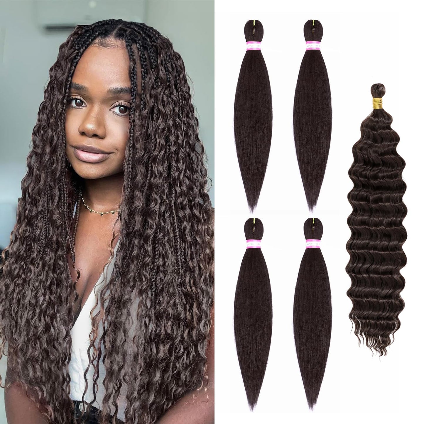 Dorsanee Dark Brown Braiding Hair for Boho Braids 20 Inch 4 Packs Pre Stretched Braiding Hair and 18 Inch 1 Pack Deep Wave Braiding Hair for Crochet Boho Braids Synthetic Hair Extensions (4#)