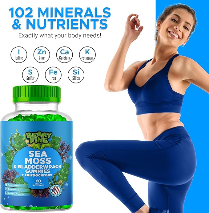 Sea Moss Gummies & Apple Cider Vinegar - Burdock Root + Bladderwrack - 102 Minerals for Daily Wellness & Nutrient Support - 60 Seamoss Gummies for Kids & Adults - Made in The USA