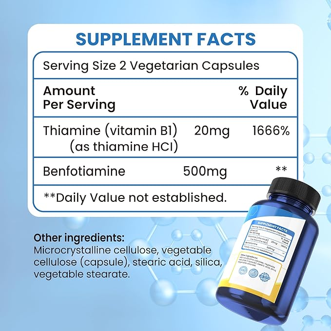 120 Capsules containing 500 mg of Vitamin B1, Non-GMO, Vegan, Gluten Free, Benfotiamine