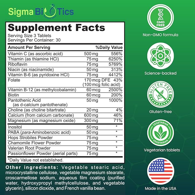 B Complex for Stress Support - Energy, Nerve & Mood Support with Vitamins, Minerals & Botanicals - Non-GMO, 90 Tablets for Relaxation