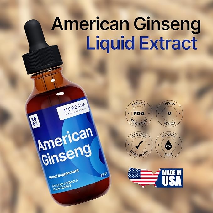 American Ginseng Liquid Extract - Ginseng for Energy, Cognitive Performance & Focus - Immune System and Vitality Support Liquid Tincture (American Ginseng)