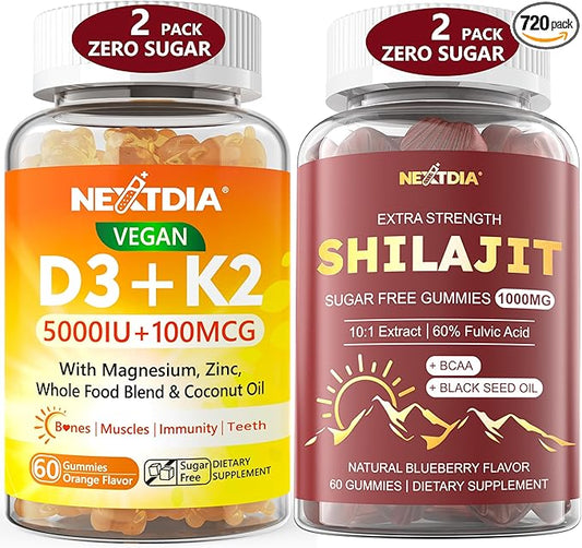 2Pack Vegan Vitamin D3 5000IU+K2 Gummies + 2Pack Shilajit Gummies for Men & Women, Shilajit with Black Seed Oil, BCAA