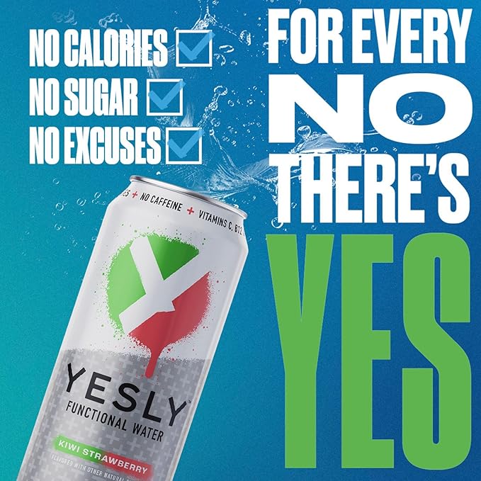 Yesly Functional Water, Kiwi Strawberry, Naturally Flavored Still Water with Electrolytes, Magnesium, Potassium, Vitamin C, B6 & B12, Zero Sugar, No Artificial Sweeteners, 16 Fl Oz Cans, 12 Pack