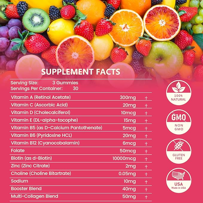 20-in-1 Hair and Nails Gummies - Hair, Skin and Nails Vitamins for Women - 10000 mcg Biotin, Vitamins A, C, D, E - Supports Hair Growth & Radiant Skin - White Peach Flavor - 90 Gummies