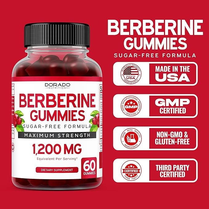 Berberine Gummies with Ceylon Cinnamon (1,200mg) Premium Sugar-Free Berberine Ceylon Cinnamon Supplement for Adults - Third-Party Tested, Non-GMO & Made in USA - 60 Count Chewable Gummies