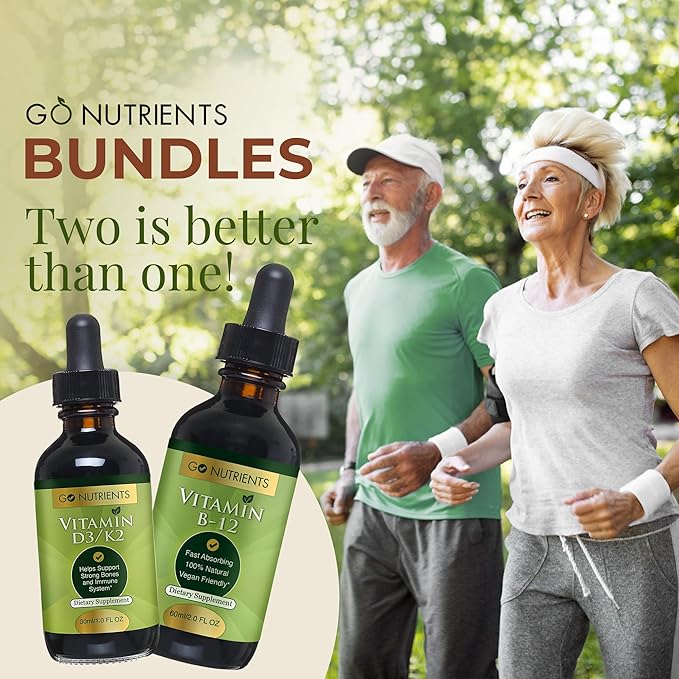 Go Nutrients Vitamin B12 & Vitamin D3 w/K2 Liquid Drops Bundle | Liquid Vitamin B12 Drops, 2oz | Liquid Vitamin D3 Drops, 1oz | No GMO’s, No Preservatives