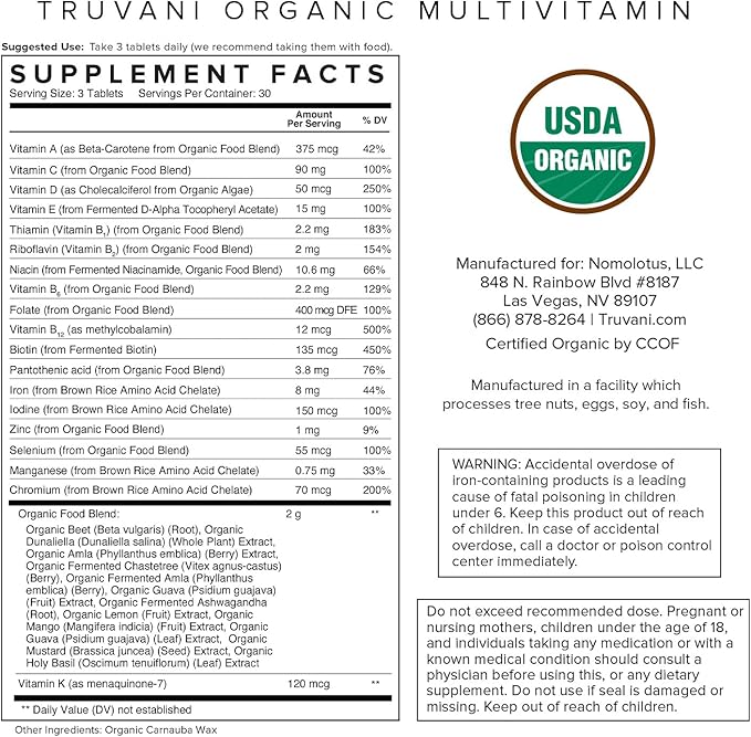 Truvani Daily Organic Multivitamin Supplement - Vegan, Non GMO Tablets with Iron & Biotin - Dairy, Soy, & Gluten Free - 30 Day Supply (90 Tablets)