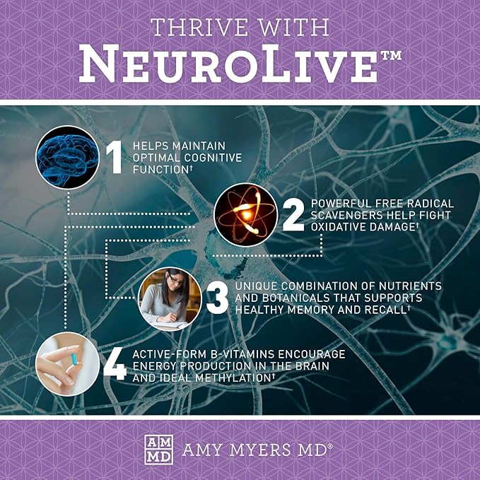 Amy Myers MD NeuroLive - Brain Cell Membrane Supplement - Aid Brain Tissue Health with Vitamin B6 & Ginkgo - Support Supplement for Healthy Vasculature & Blood Flow - 120 Capsules (60 Servings)