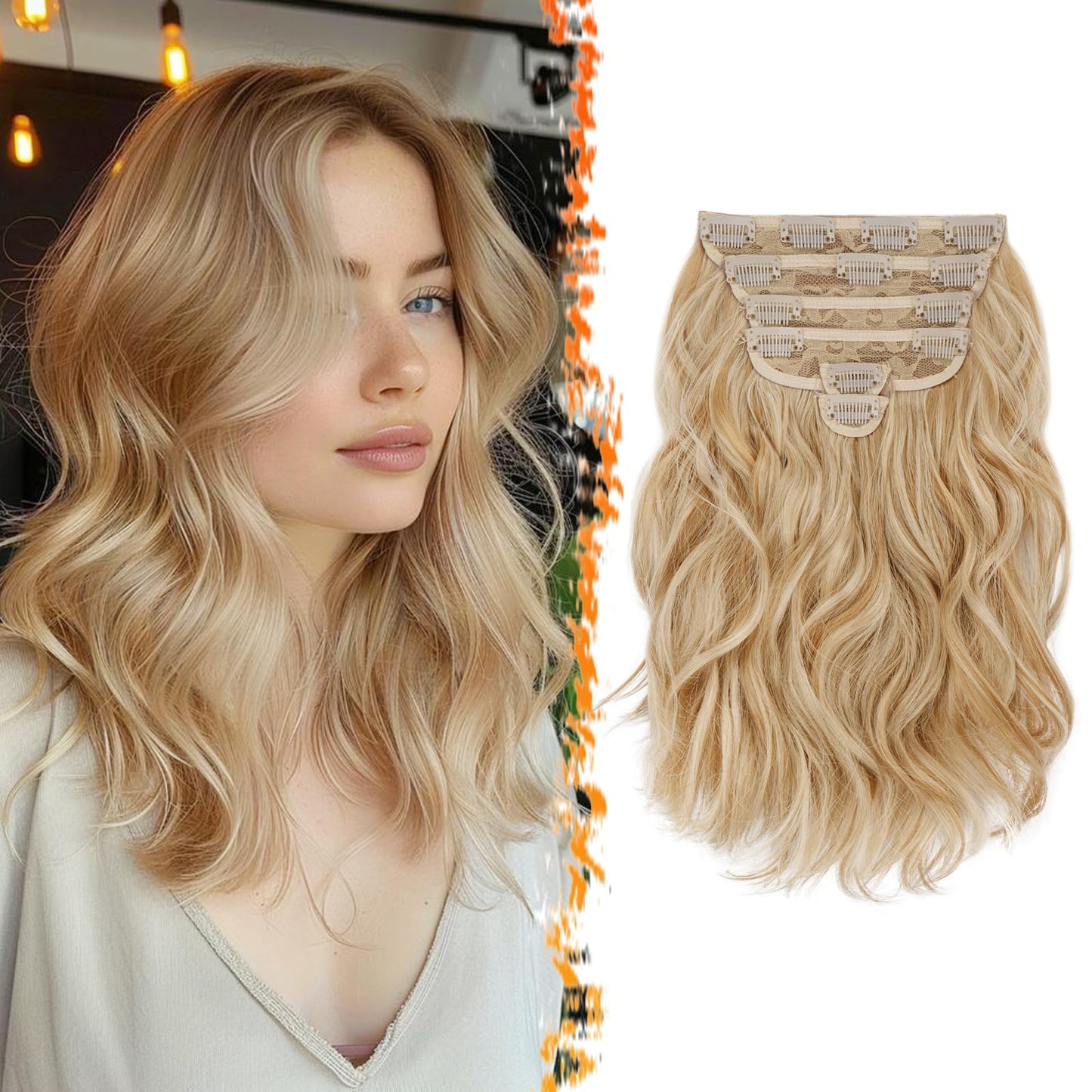 BARSDAR Blonde Clip in Hair Extensions - 12 Inch Short Wavy Clip in Hair Extensions for Women - 6PCs Full Head Thick Soft Synthetic Clip in Hairpieces Daily Party - Honey Blonde Mix