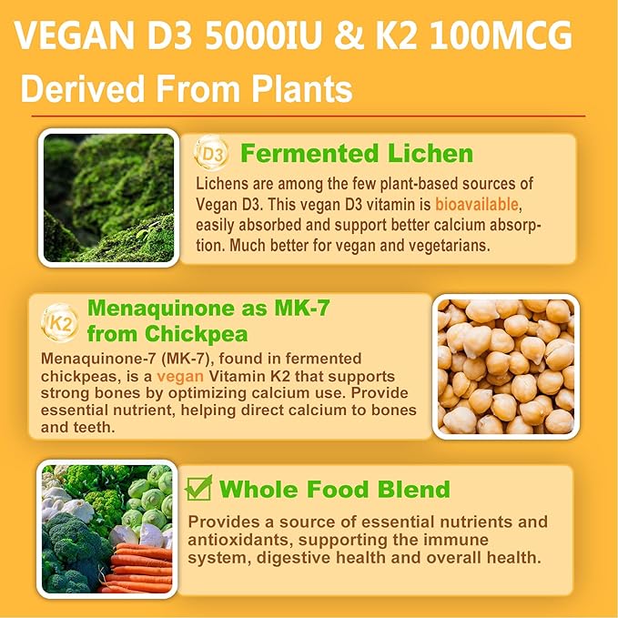 2 Pack Vegan Vitamin D3 5000IU K2 Gummies+ 1 Pack Whole Food Vitamin C Gummies