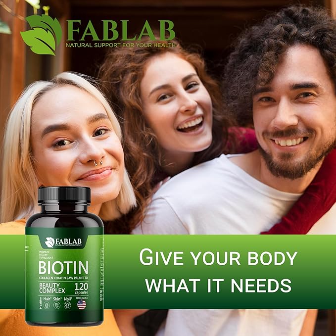 FabLab Biotin 10000 mcg Vitamins with Collagen, Keratin & Saw Palmetto for Women and Men - Biotin Hair Skin Nails Supplement for Hair, Skin, and Nails Wellness - Made in USA, 120 Capsules