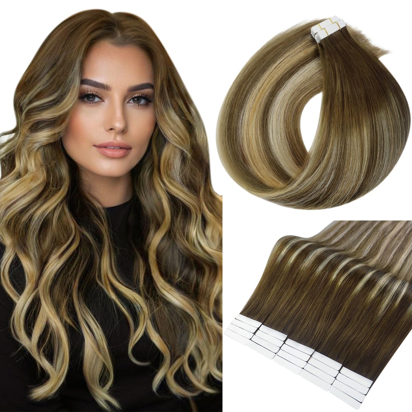 Full Shine Tape in Hair Extensions Human Hair Balayage Tape Extensions Color 4/27/60/8 Ombre Brown and Blonde Seamless Skin Weft Tape in Extensions 12 Inch Real Hair Extensions Tape in 20 Pcs 30G