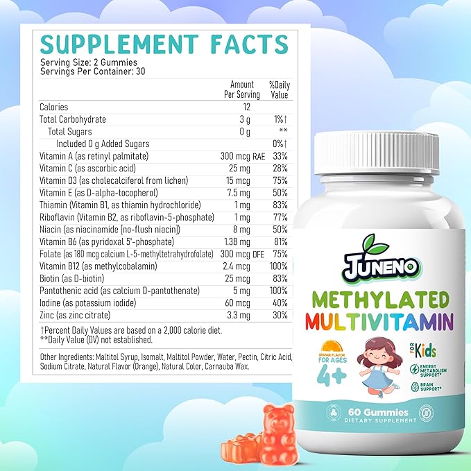 Methylated Multivitamin Gummies for Kids - MTHFR Support Supplement with B Complex 5-MTHF Folate (L-Methylfolate) B1 B3 B6 Methylcobalamin B12 Biotin & Vitamins A C D3 E - Vegan Gluten-Free No Sugar