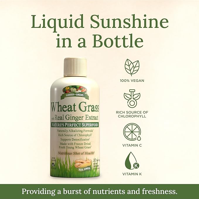 Garden Greens Wheat Grass Liquid with Real Ginger Extract, Nature's Perfect Superfood, 32 servings