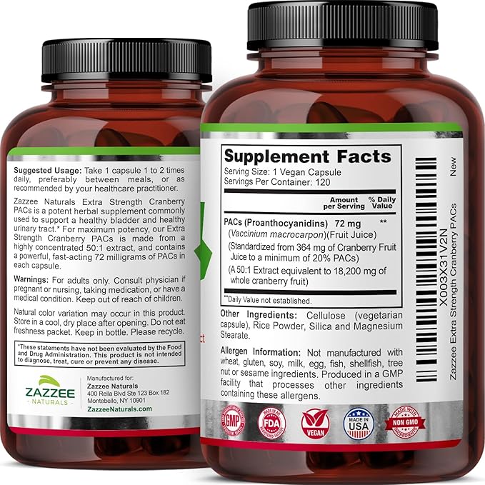 Zazzee Cranberry PACs, 72 mg PACs per Capsule, 2X Strength, 100% Soluble, 120 Vegan Capsules, 50:1 Extract, 18,200 mg Strength, Fast-Acting, Effective Urinary Tract UTI Support, Made in The USA