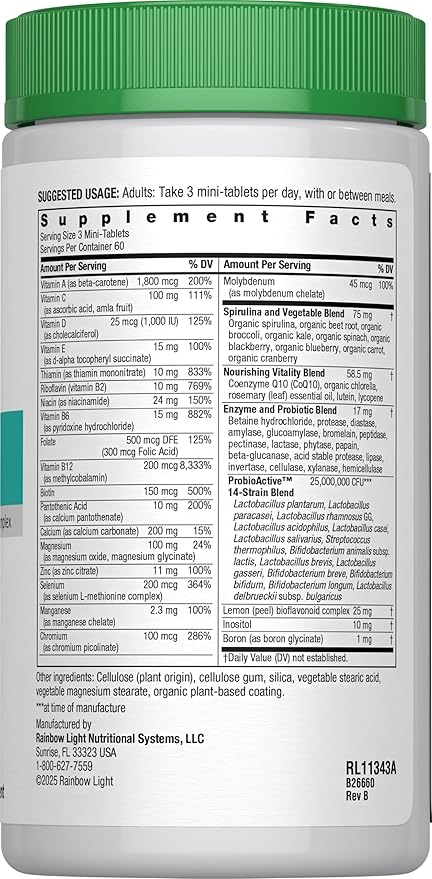 Rainbow Light - 50+ Mini-Tablet Food-Based Multivitamin - Age-defense Formula Probiotic and Antioxidant Formula; Vitamins and Minerals Support Immune, Heart, Skin, Eye, Bone and Prostate - 180 Tablets
