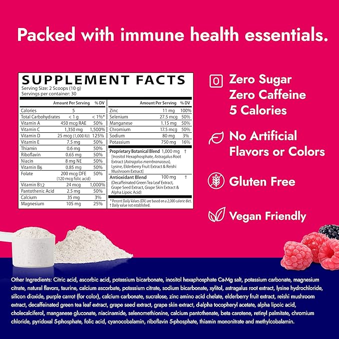 Zipfizz Daily Immune Health Powder Supplement, Berry, 10.5 oz (30 Servings) | Contains Zinc & Vitamin C | Caffeine & Sugar-Free | Immune Booster For Kids & Adults