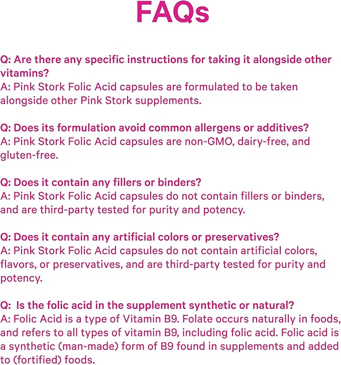 Pink Stork Folic Acid Supplement for Women - 400mcg, Prenatal Vitamins for Women, Supports Neural and Spine Health, Red Blood Cell Production, Mood, Energy During Pregnancy - 30 Capsules