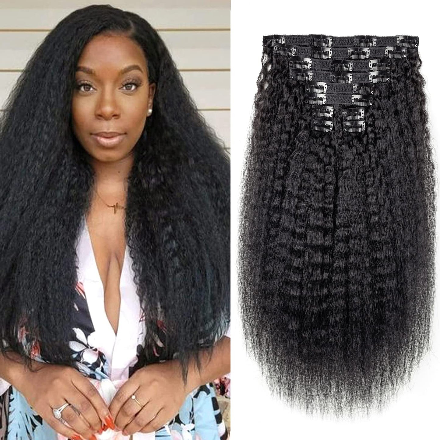 Alishow Kinky Straight Clip in Hair Extensions Real Human Hair for Black Women 20 Inch Virgin Hair Clip in Full Head Unprocessed Remy Yaki Straight Clip Ins 10pcs with 22 Clips 120 Gram Per Set