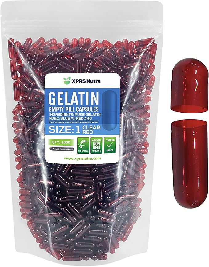 XPRS Nutra Size 1 Empty Capsules - Clear Red Colored Empty Gelatin Capsules - Pill DIY Supplement Capsule Filling - Fillable Color Gel Caps Pills for Do-It-Yourself Supplements (1000 Count)