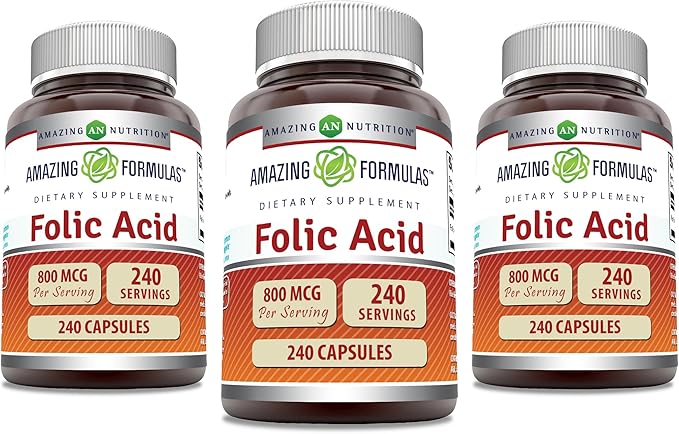 Amazing Formulas Folic Acid | 800 Mcg | 240 Capsules | Vitamin B9 Supplement | Non-GMO | Gluten Free | Made in USA (3 Pack)
