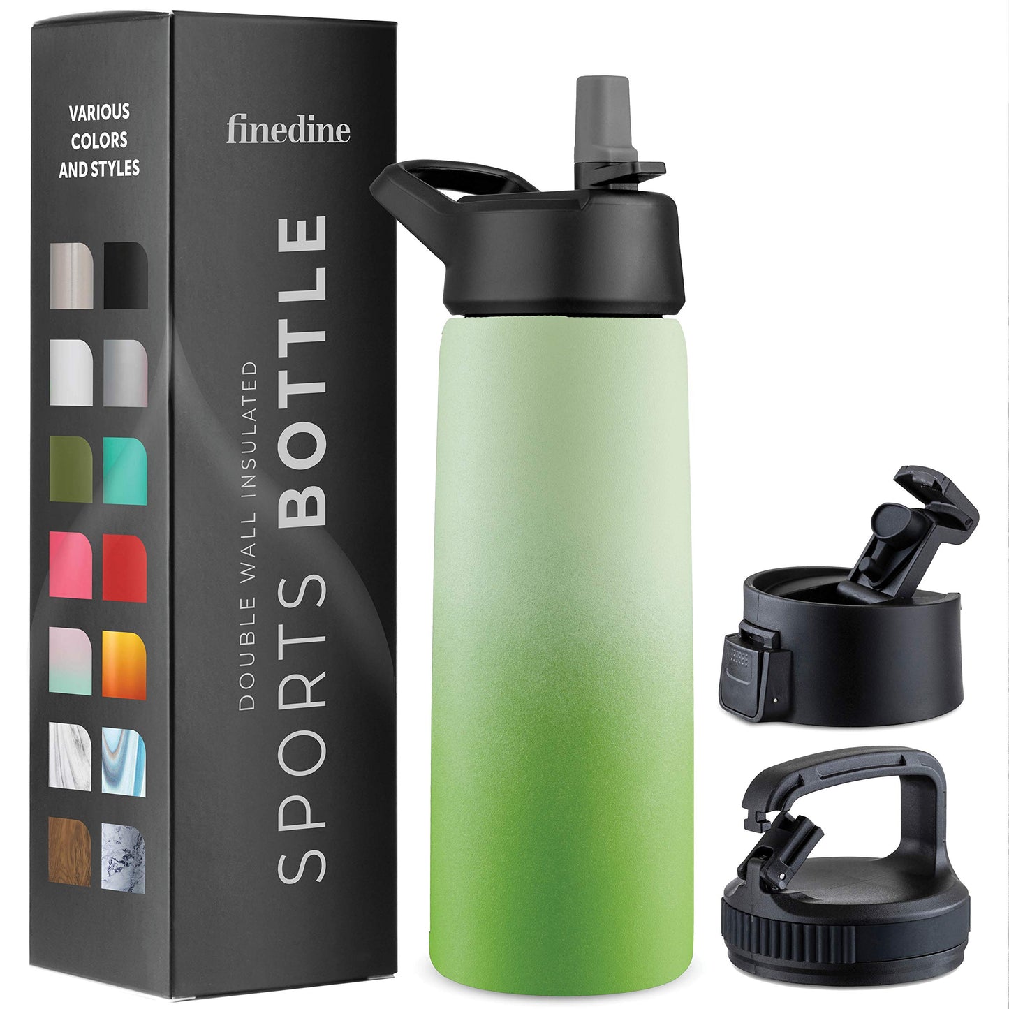 FineDine Triple Walled, Insulated Water Bottles with Straw - 25 Oz Stainless Steel Metal Bottle W/ 3 Leak Proof Lids - For Travel, School, Sports, Gym / Men, Women & Kids - Dreamy Green