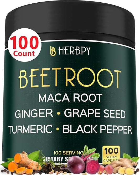 6in1 Beet Root Capsules with Maca Root, Grape Seed, Ginger, Turmeric and Black Pepper for Heart Health & Immune Support - 100 Vegan Capsules