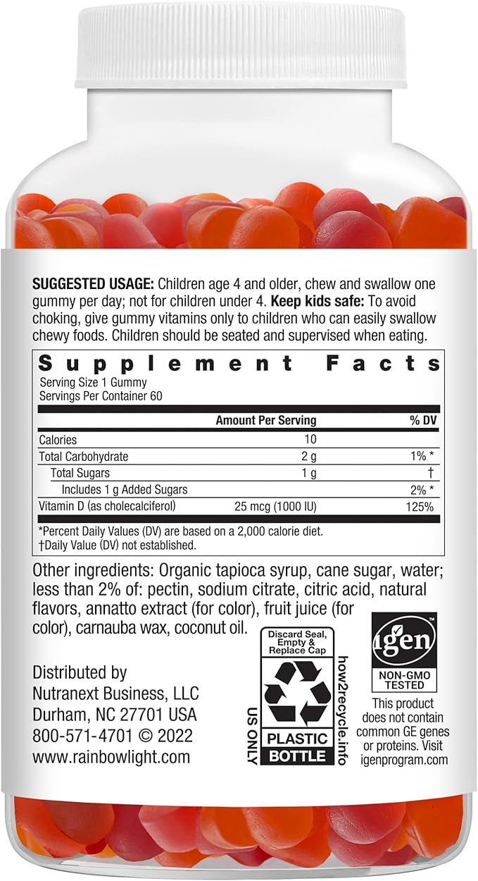Rainbow Light Kid's Sunny Gummies Vitamin D3 1000 IU Gummy Supplement, Assorted Fruit Flavor, 60 Count, 1 Bottle