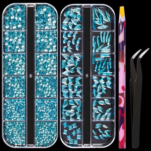 Multi Shapes Lake Blue 3D Glass Crystal Nail Art Rhinestones Kit With Flatback Round Bead Charm Gem Stone Jewelry Diamond With P