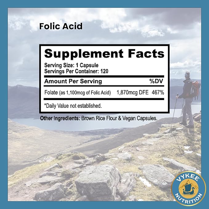 Folic Acid Supplement – High-Potency Vitamin B9 1,870mg DFE Folate, 1,100mg Folic Acid | Vegan, Non-GMO | Supports Cellular Health, Energy Production & Prenatal Wellness | 120 Capsules