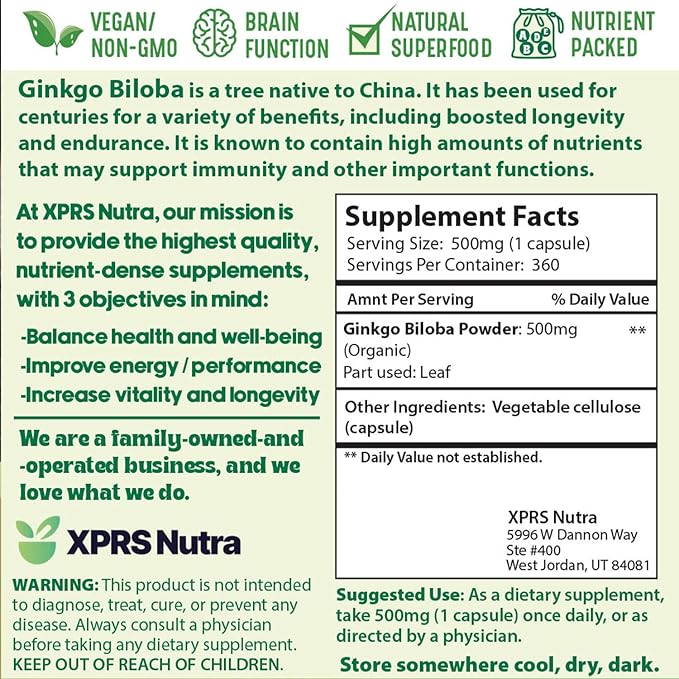 XPRS Nutra Ginkgo Biloba Capsules - Gingko Biloba Encapsulated Supplements for Cognition - Vegan Friendly Ginkoba Biloba - Immunity Boosting Ginkgo Biloba Capsules - 360 Count