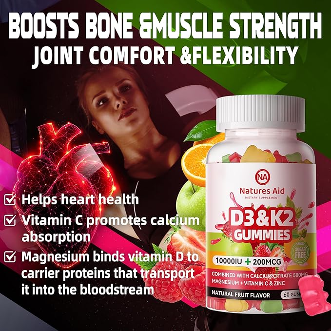Sugar-Free Vitamin D3 K2 Gummies with Calcium + K2 (MK-7), Magnesium Citrate, Vitamin C, Extra Strength - Ultimate Absorption for Bone Muscle Teeth Immune, Vegan - 120 Gummies