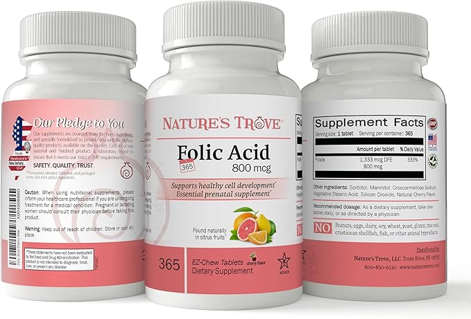 Nature's Trove Folic Acid 800 mcg (B9 Vitamin) 365 EZ Chew Tablets Cherry Flavor