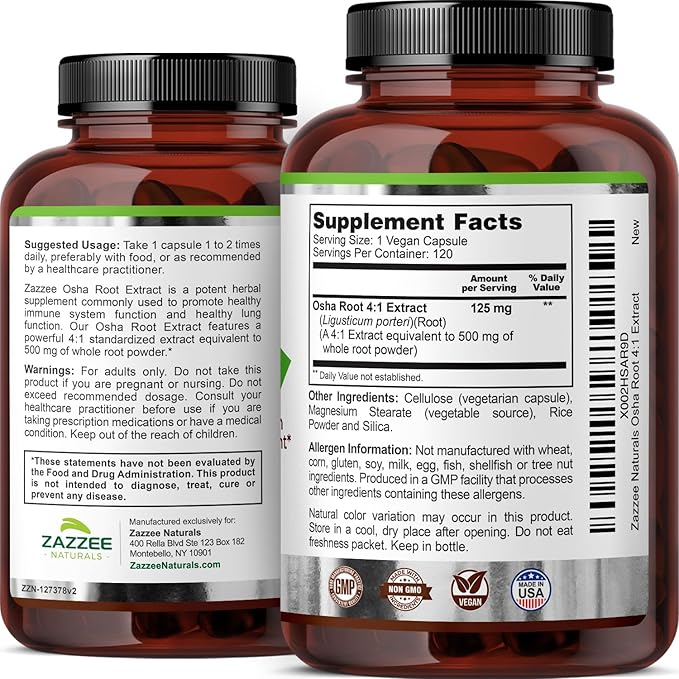 Zazzee OSHA Root 4:1 Extract, 500 mg Strength, 120 Vegan Capsules, 4 Month Supply, Concentrated and Standardized 4X Extract, 100% Vegetarian, Ligusticum porteri, All-Natural and Non-GMO