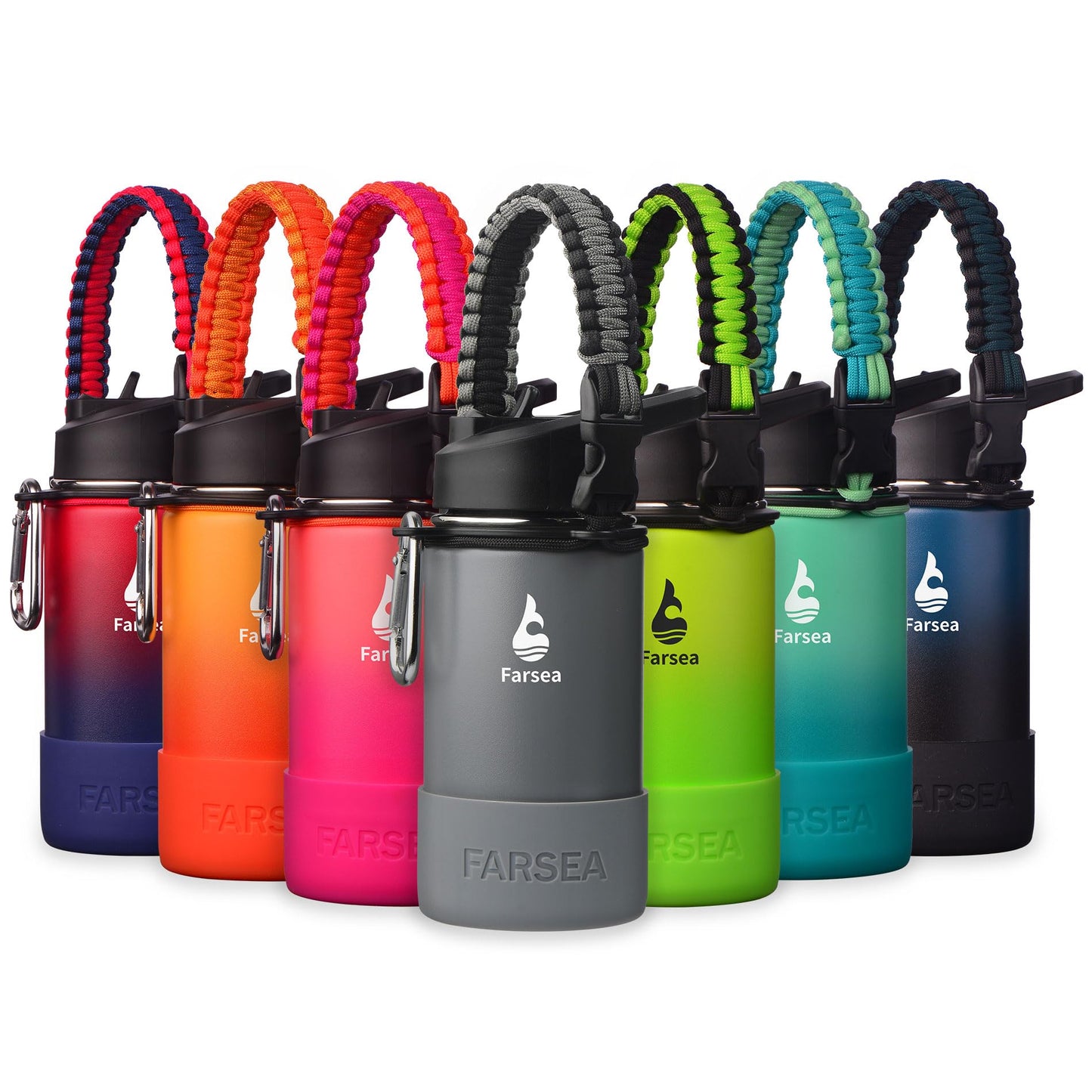 Farsea Insulated Water Bottle With Paracord Handle, Protective Silicone Boot and 2 Lids (Straw Lid & Spout Lid), Stainless Steel Water Bottle Wide Mouth, Double Wall Sweat-Proof BPA-Free,12 oz