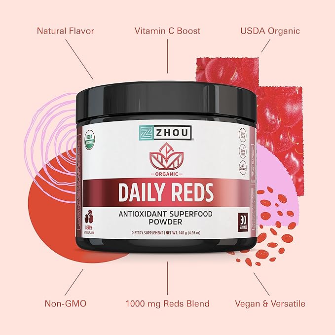 Zhou Nutrition USDA Organic Reds Antioxidant Superfood Powder, Vitamin C, Organic Tart Cherry, Beetroot, Cranberry, Goji Berry and More, Fiber, Immune Support, Non-GMO, Vegan, 30 Servings